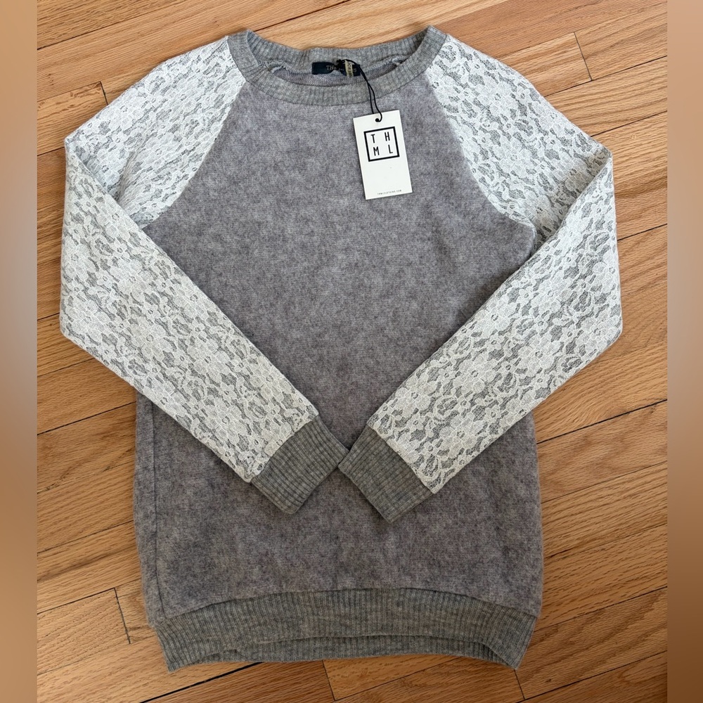 THML Gray Lace-Sleeve Sweater